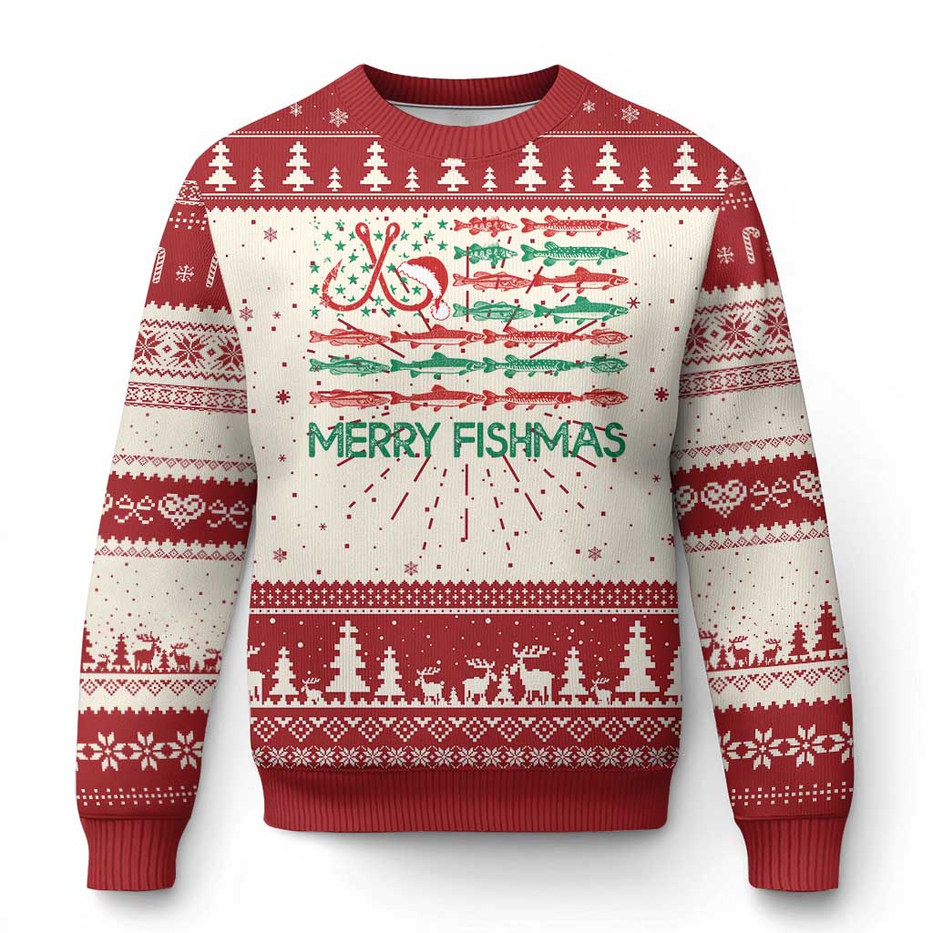 Xmas Fishing Ugly Christmas Sweater Merry Fishmas Fisherman American Flag - Wonder Print Shop