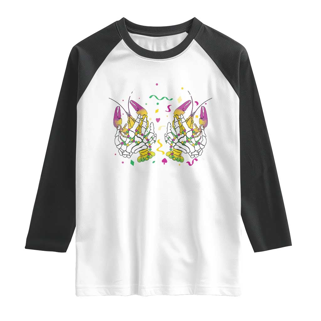 Mardi Gras Raglan Shirt Show Me The Titties Funny Skeleton Crawfish