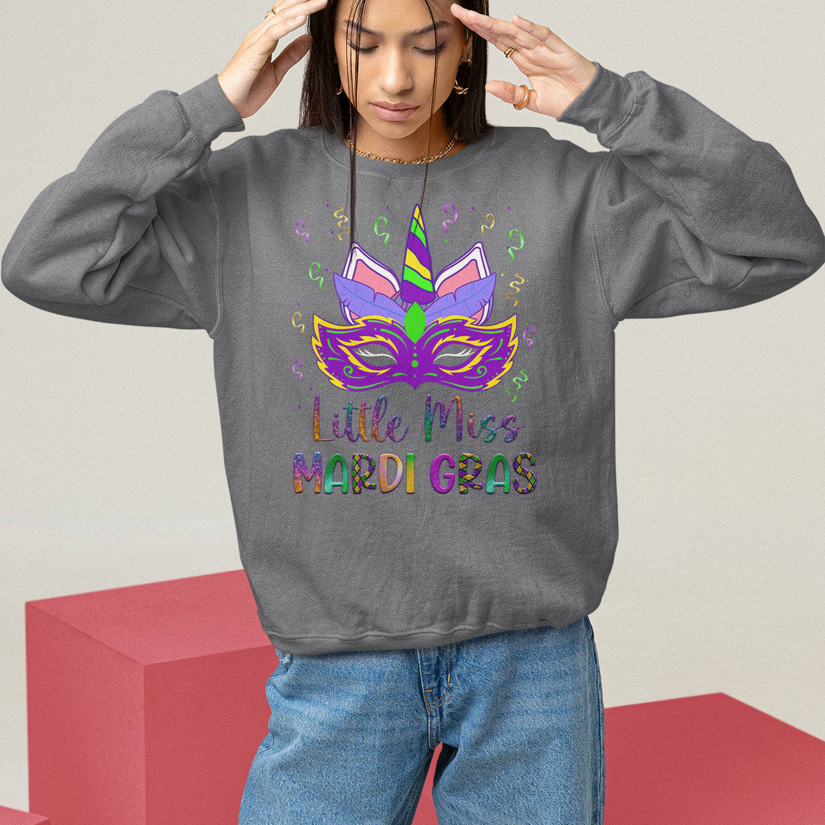 Mardi Gras Sweatshirt Little Miss Unicorn Cute Girl Women - Wonder Print Shop