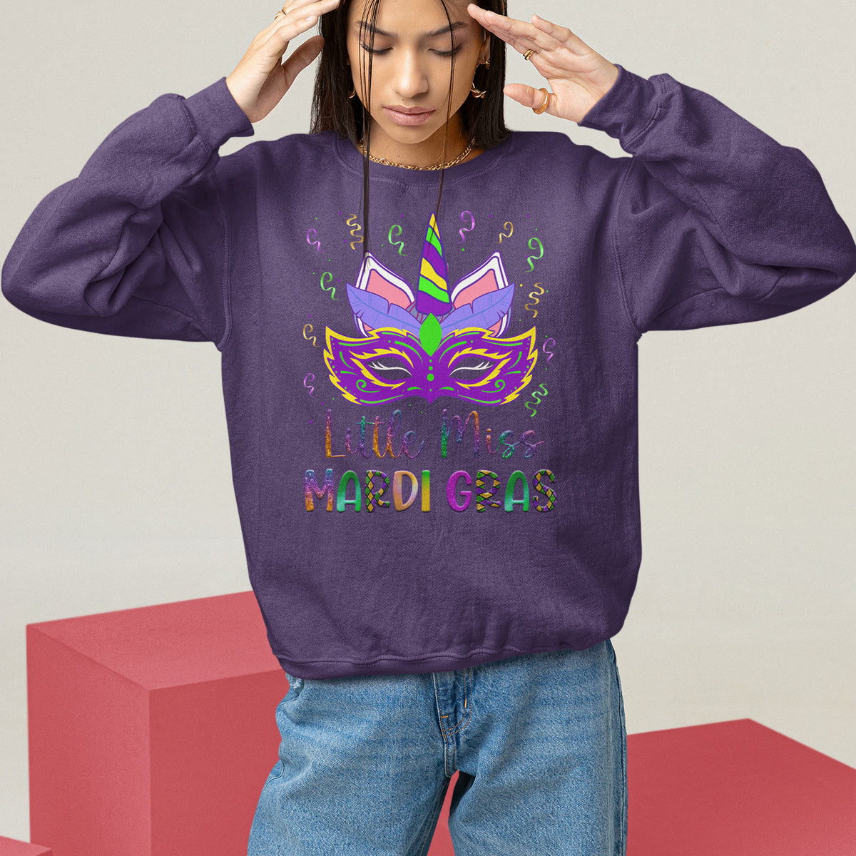 Mardi Gras Sweatshirt Little Miss Unicorn Cute Girl Women - Wonder Print Shop