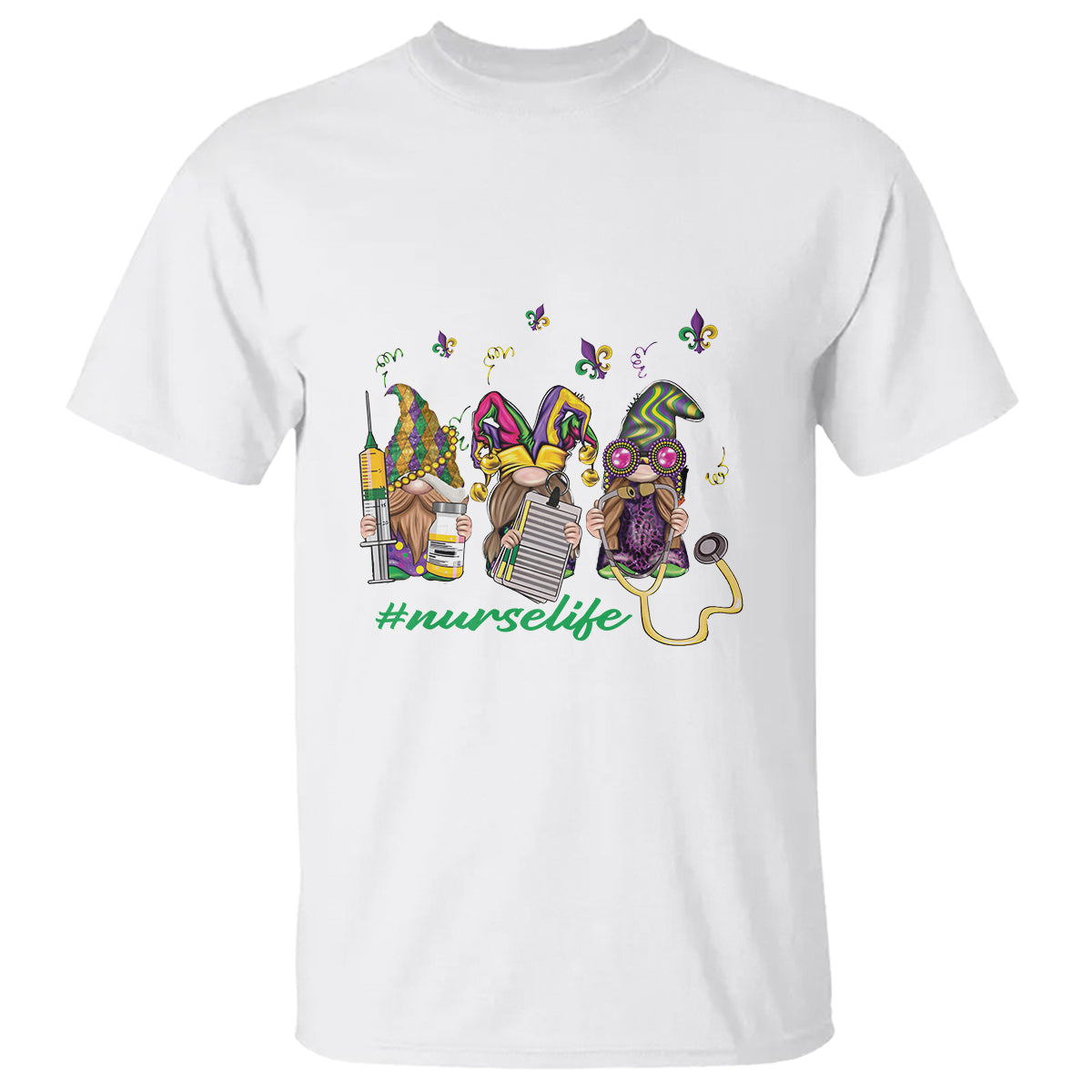 Mardi Gras T Shirt Jester Gnomes Nurse RN ICU NICU ER Scrub - Wonder Print Shop