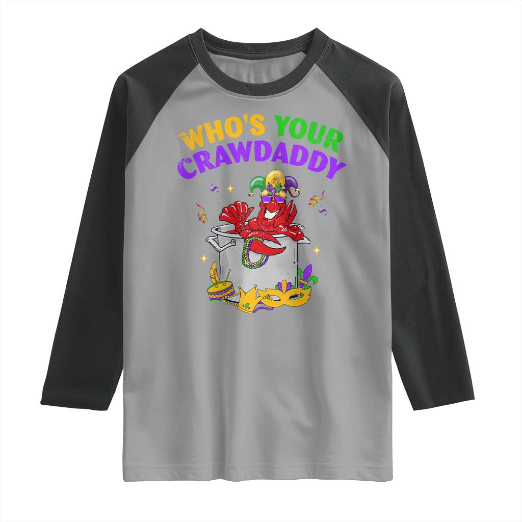 Mardi Gras Raglan Shirt Who's Your Crawdaddy Funny Crawfish Jester Beads
