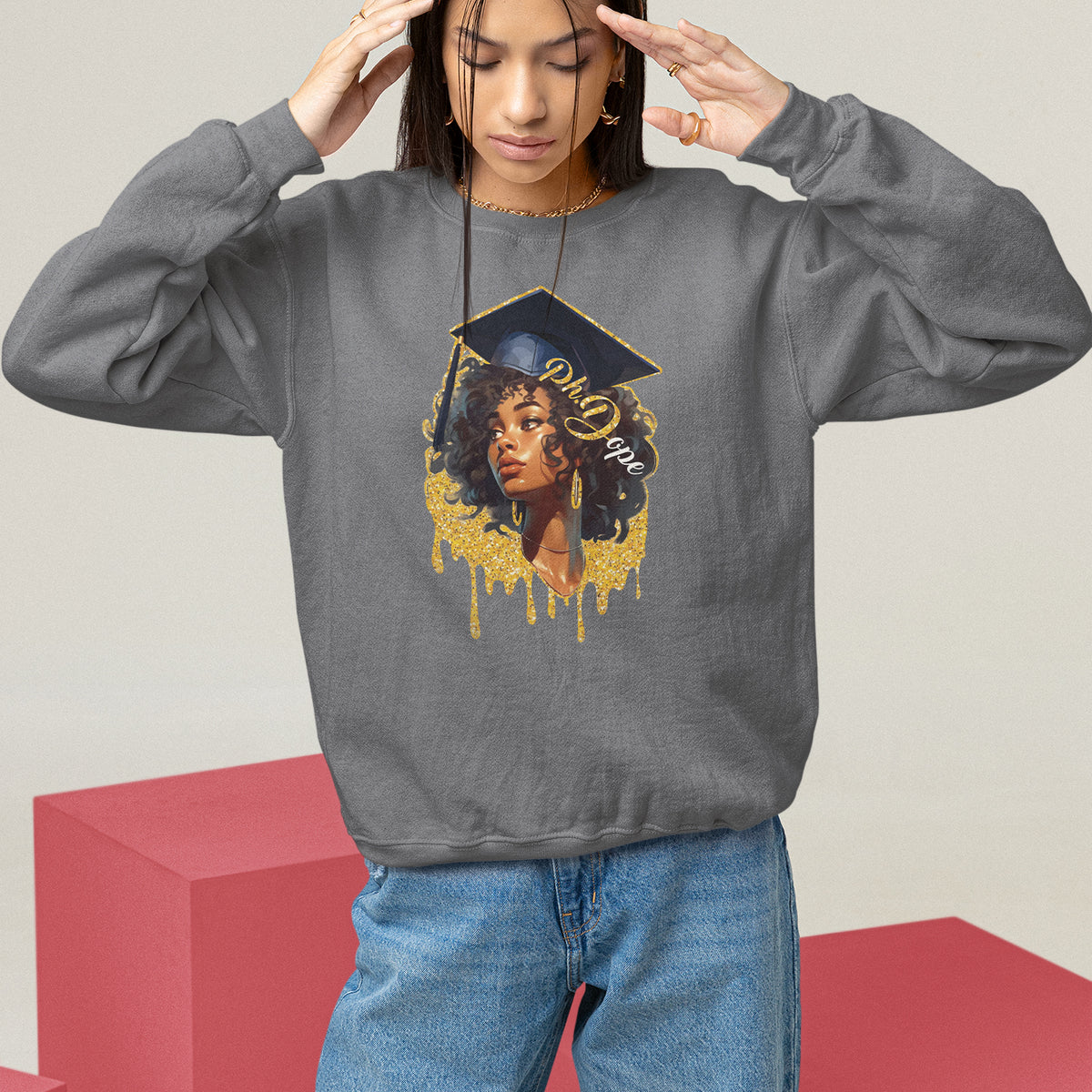 Ph.D. Graduation Sweatshirt Ph.Dope Black Afro Woman Doctorate Student Graduate - Wonder Print Shop
