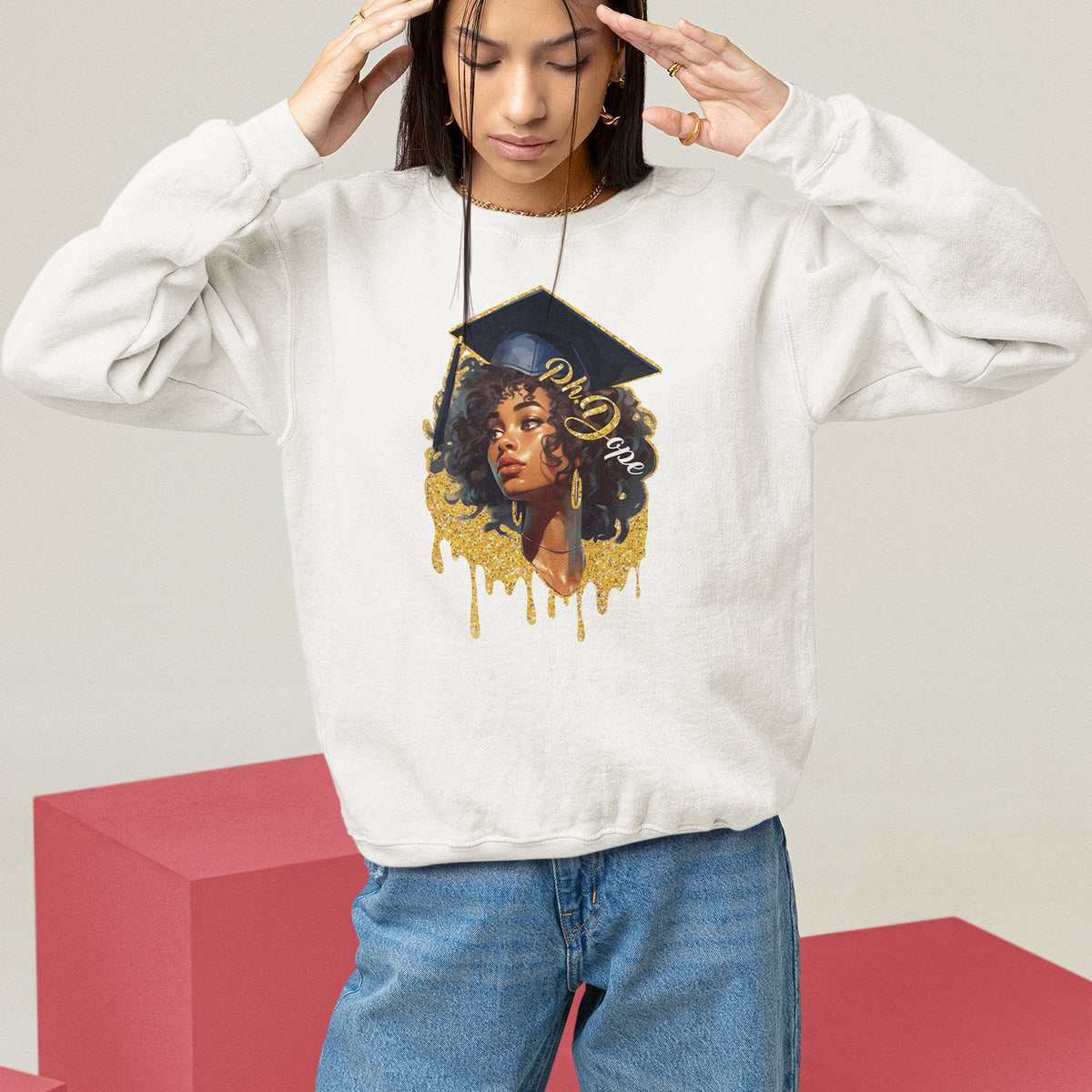 Ph.D. Graduation Sweatshirt Ph.Dope Black Afro Woman Doctorate Student Graduate - Wonder Print Shop