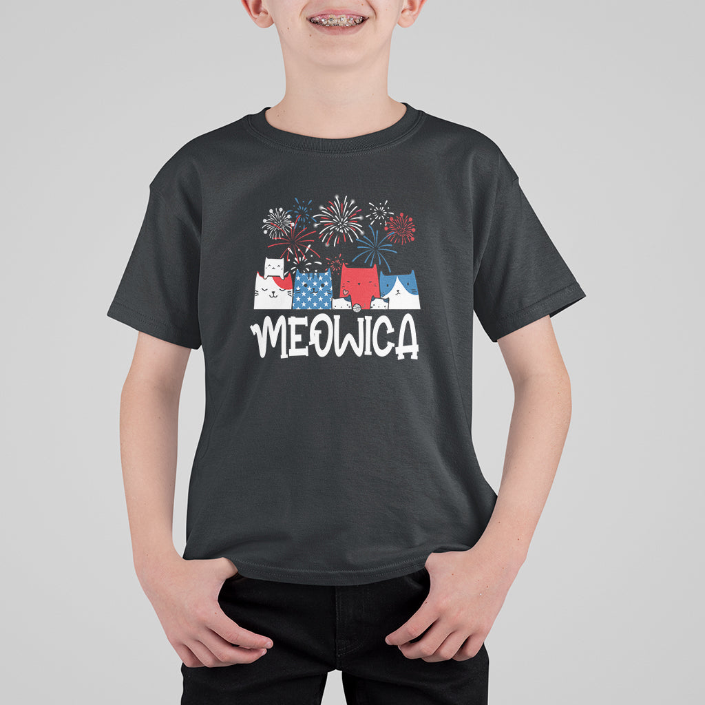 4th Of July Cat Lover T Shirt For Kid Meowica Patriotic American Flag Fireworks - Wonder Print Shop