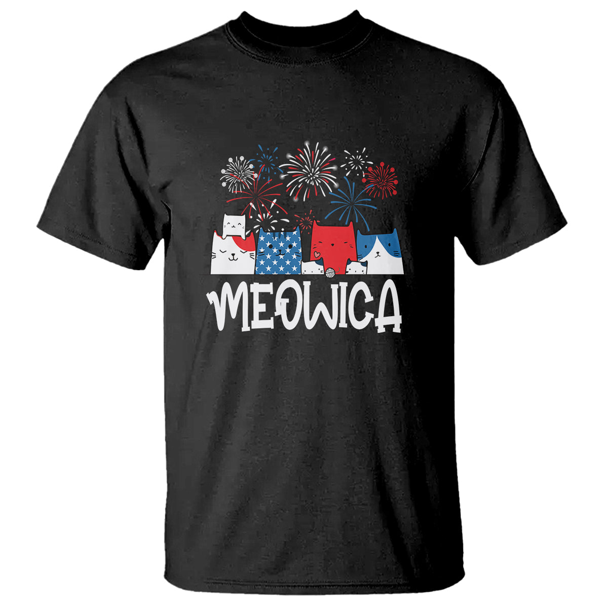 4th Of July Cat Lover T Shirt Meowica Patriotic American Flag Fireworks - Wonder Print Shop