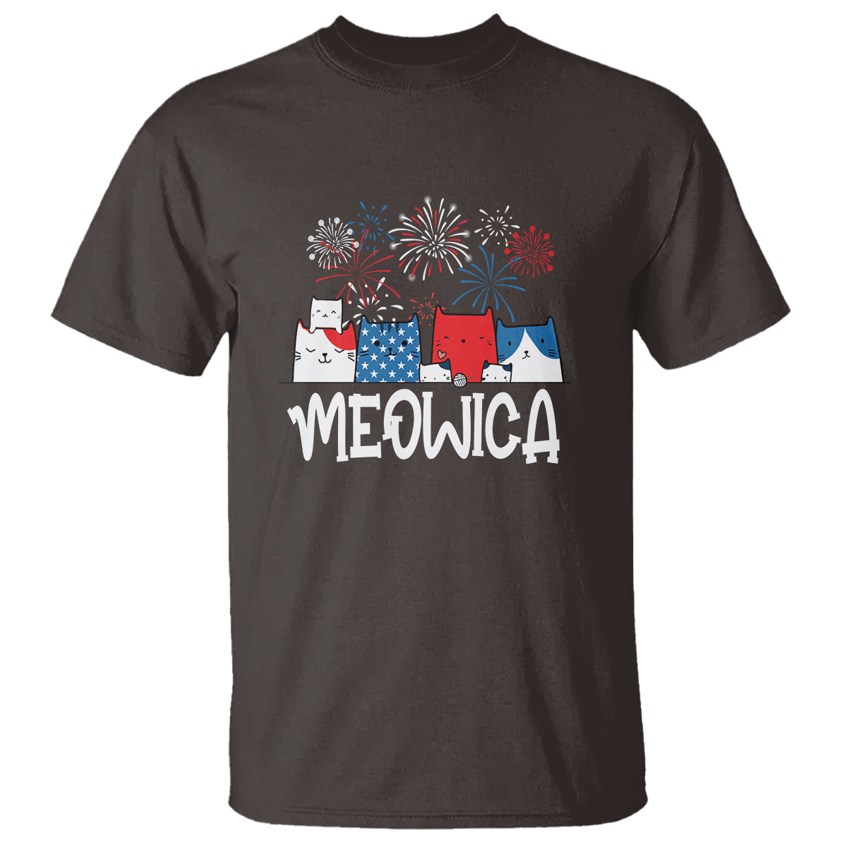 4th Of July Cat Lover T Shirt Meowica Patriotic American Flag Fireworks - Wonder Print Shop