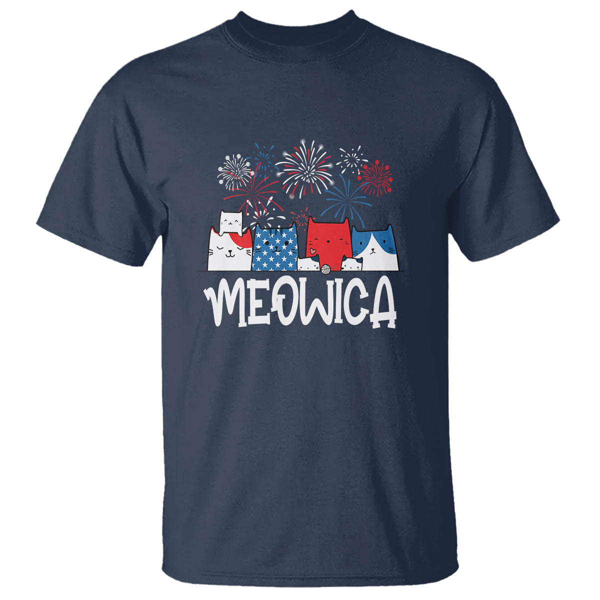 4th Of July Cat Lover T Shirt Meowica Patriotic American Flag Fireworks - Wonder Print Shop