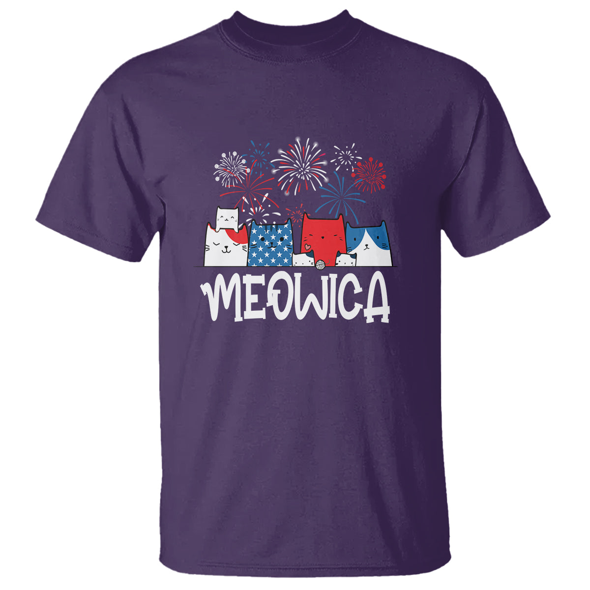 4th Of July Cat Lover T Shirt Meowica Patriotic American Flag Fireworks - Wonder Print Shop