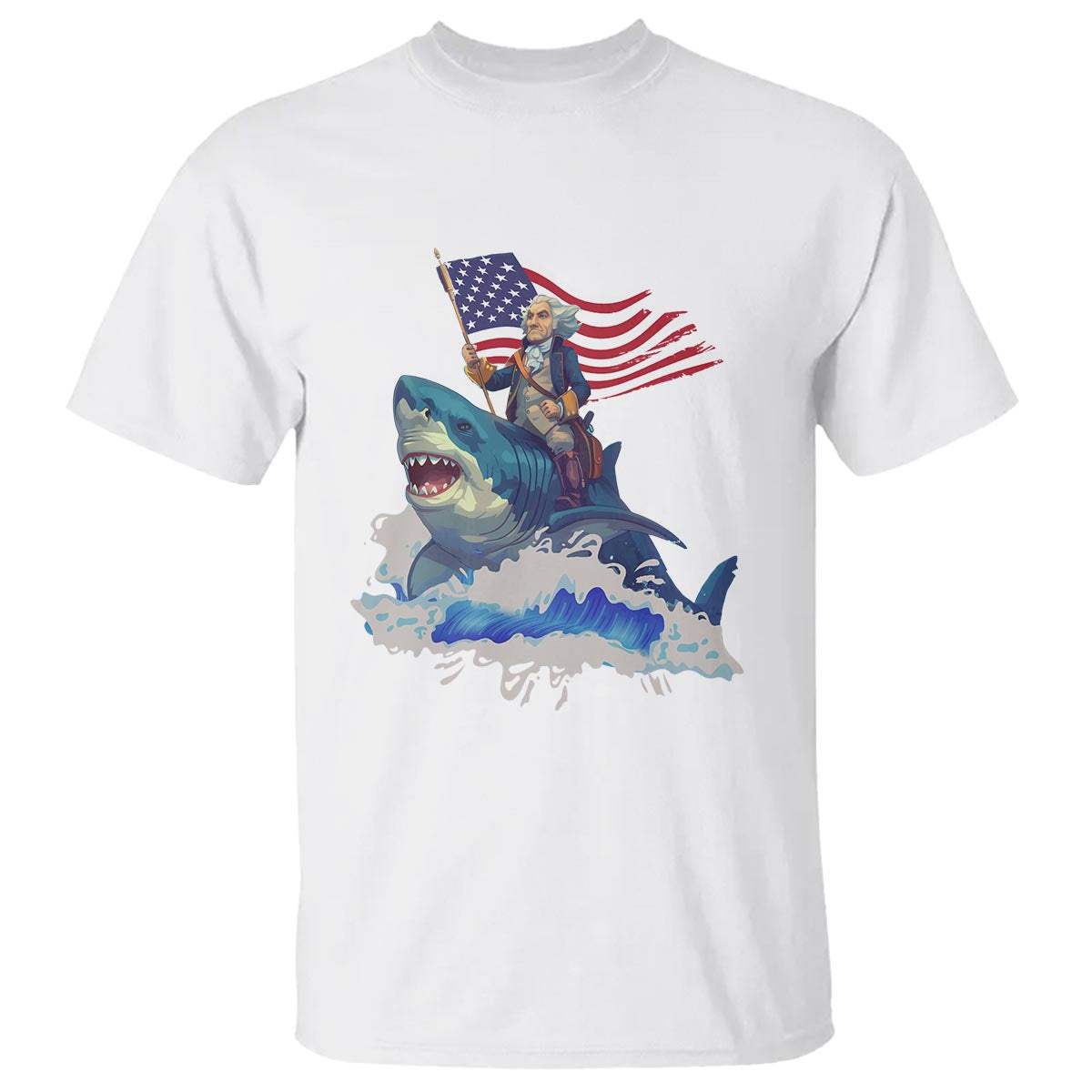 Funny 4th Of July T Shirt George Washington Riding Shark Patriotic Independence Day - Wonder Print Shop