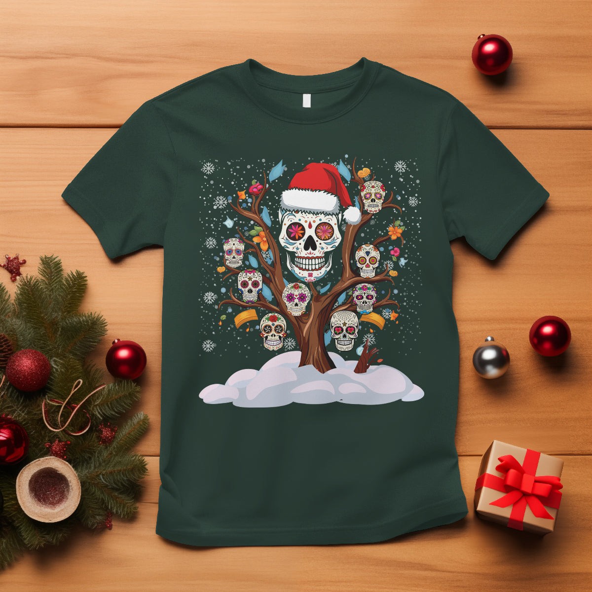 Christmas T Shirt Sugar Skull On Tree Funny Xmas - Wonder Print Shop