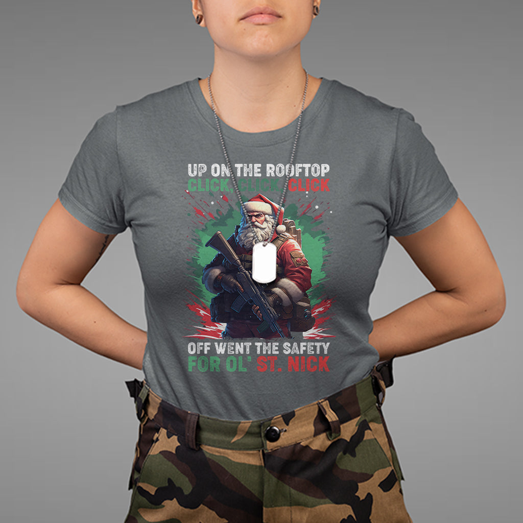Christmas T Shirt Up On The Rooftop Click Click Click Santa Patriotic - Wonder Print Shop