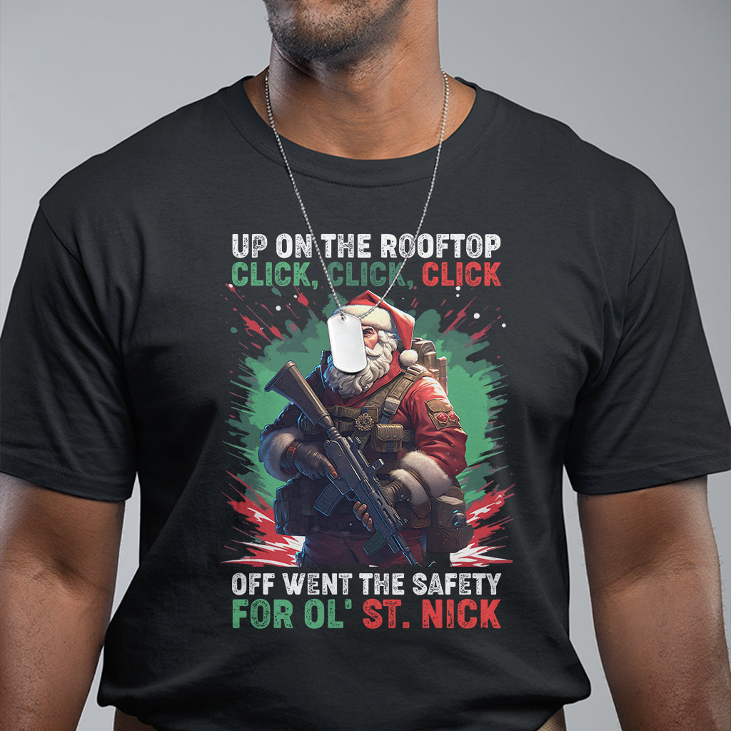 Christmas T Shirt Up On The Rooftop Click Click Click Santa Patriotic - Wonder Print Shop