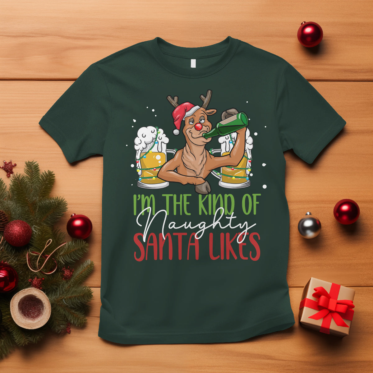Christmas T Shirt Reindeer Beer Drinking I'm The Kind Of Naughty Santa Likes - Wonder Print Shop