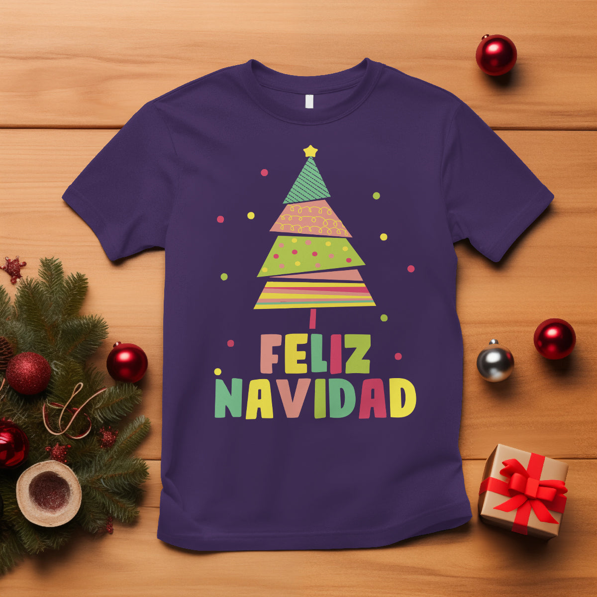 Feliz Navidad Colorful Xmas Tree Spanish Christmas T Shirt - Wonder Print Shop