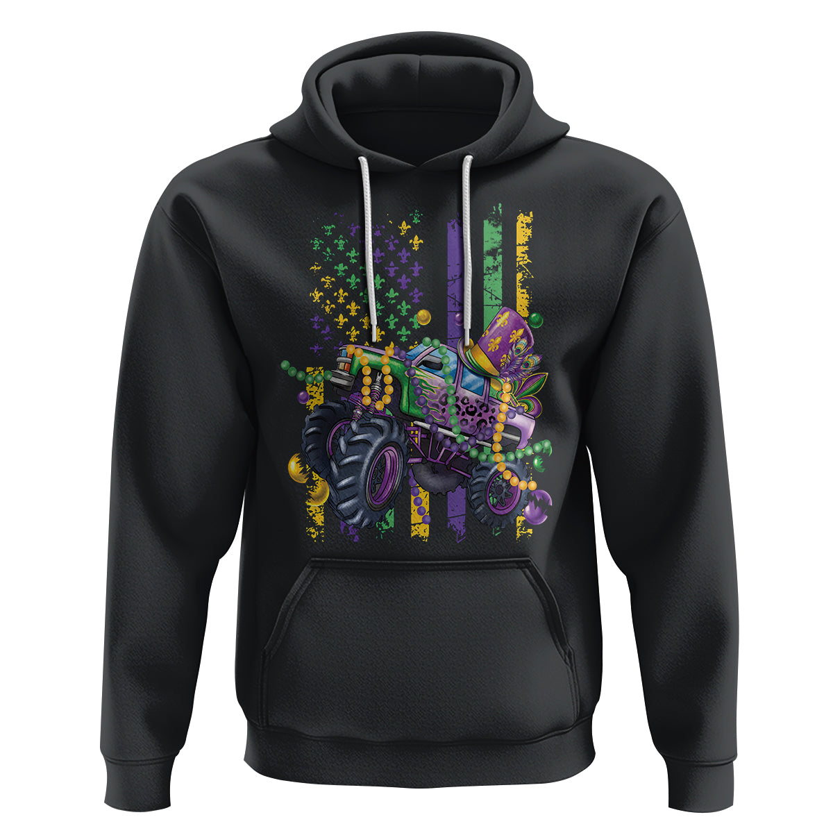 Mardi Gras Monster Truck Beads Flag Hoodie