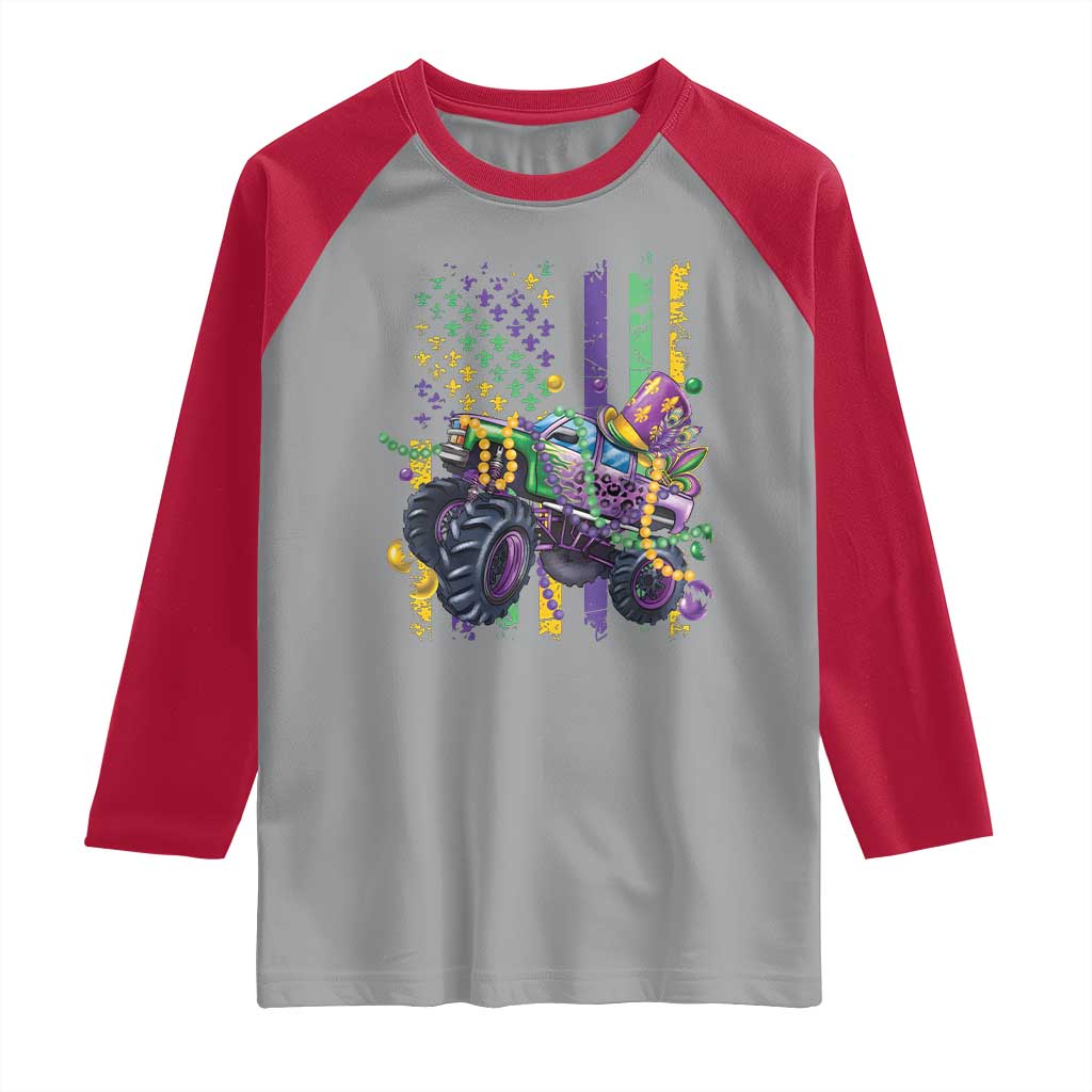 Mardi Gras Monster Truck Beads Flag Raglan Shirt