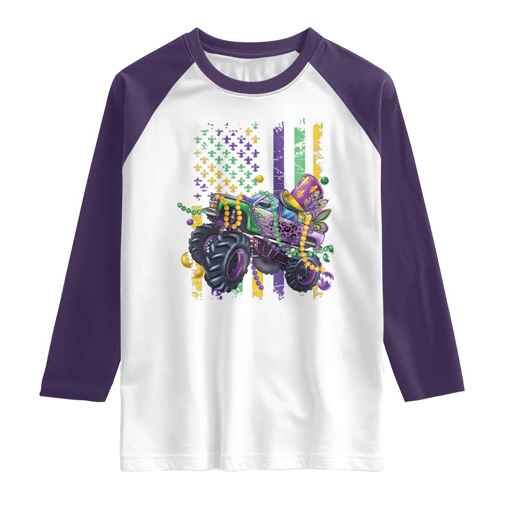 Mardi Gras Monster Truck Beads Flag Raglan Shirt