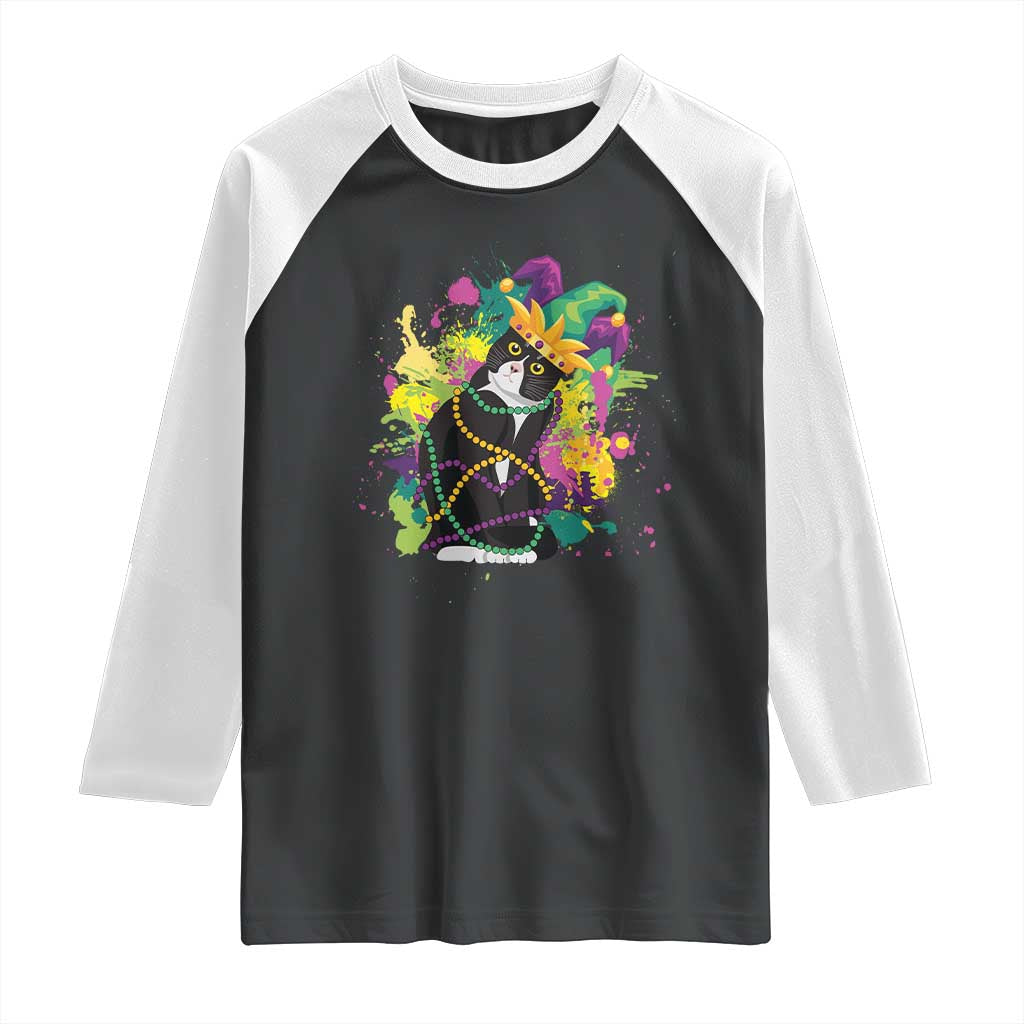 Mardi Gras Funny Tuxedo Cat Meme Beads Raglan Shirt