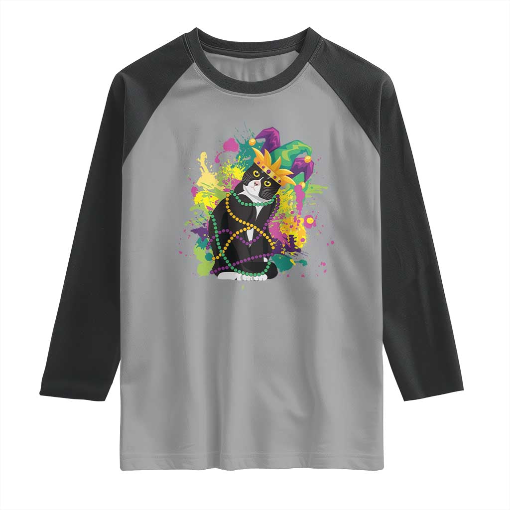 Mardi Gras Funny Tuxedo Cat Meme Beads Raglan Shirt