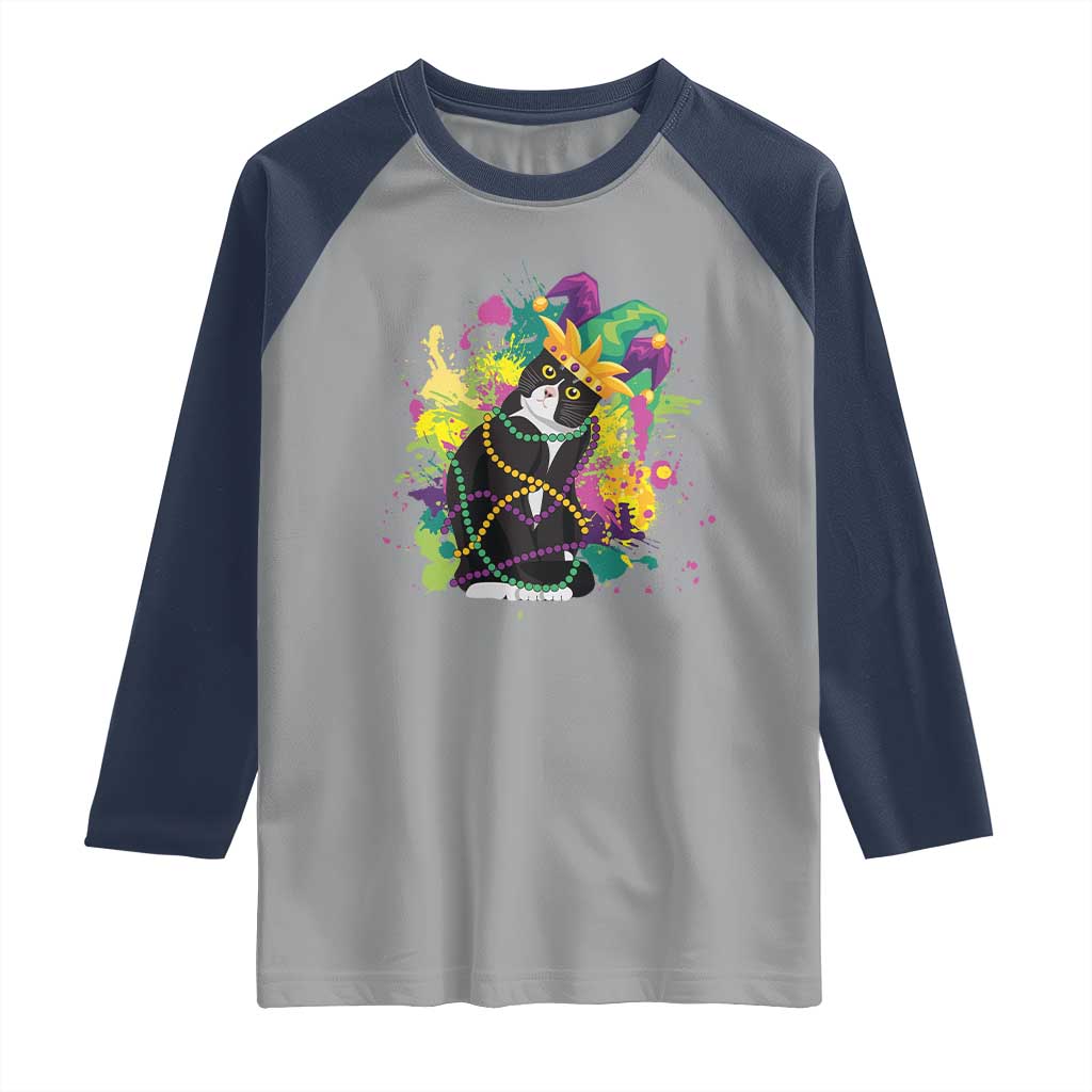 Mardi Gras Funny Tuxedo Cat Meme Beads Raglan Shirt