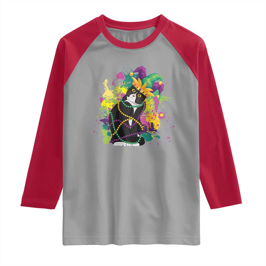 Mardi Gras Funny Tuxedo Cat Meme Beads Raglan Shirt