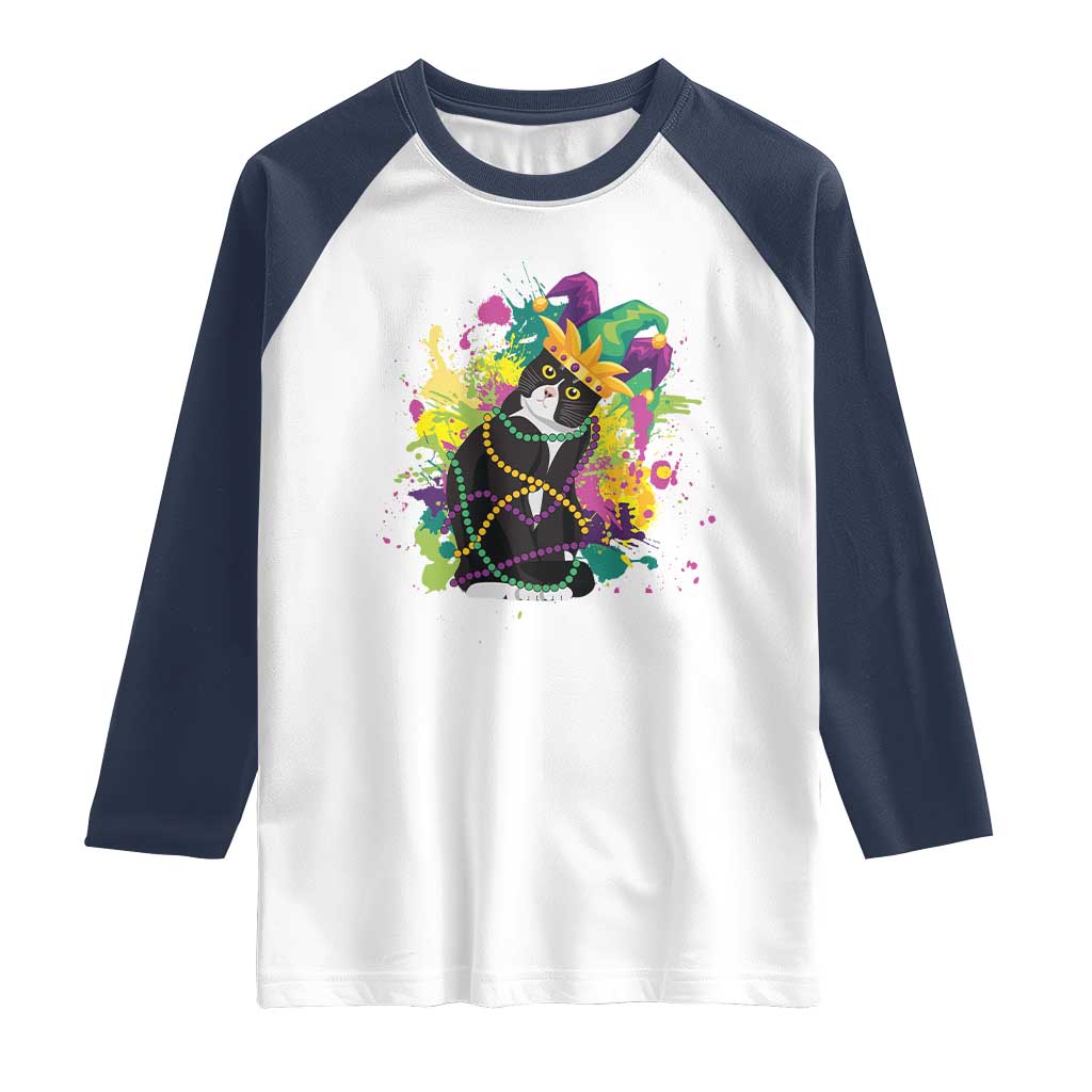 Mardi Gras Funny Tuxedo Cat Meme Beads Raglan Shirt