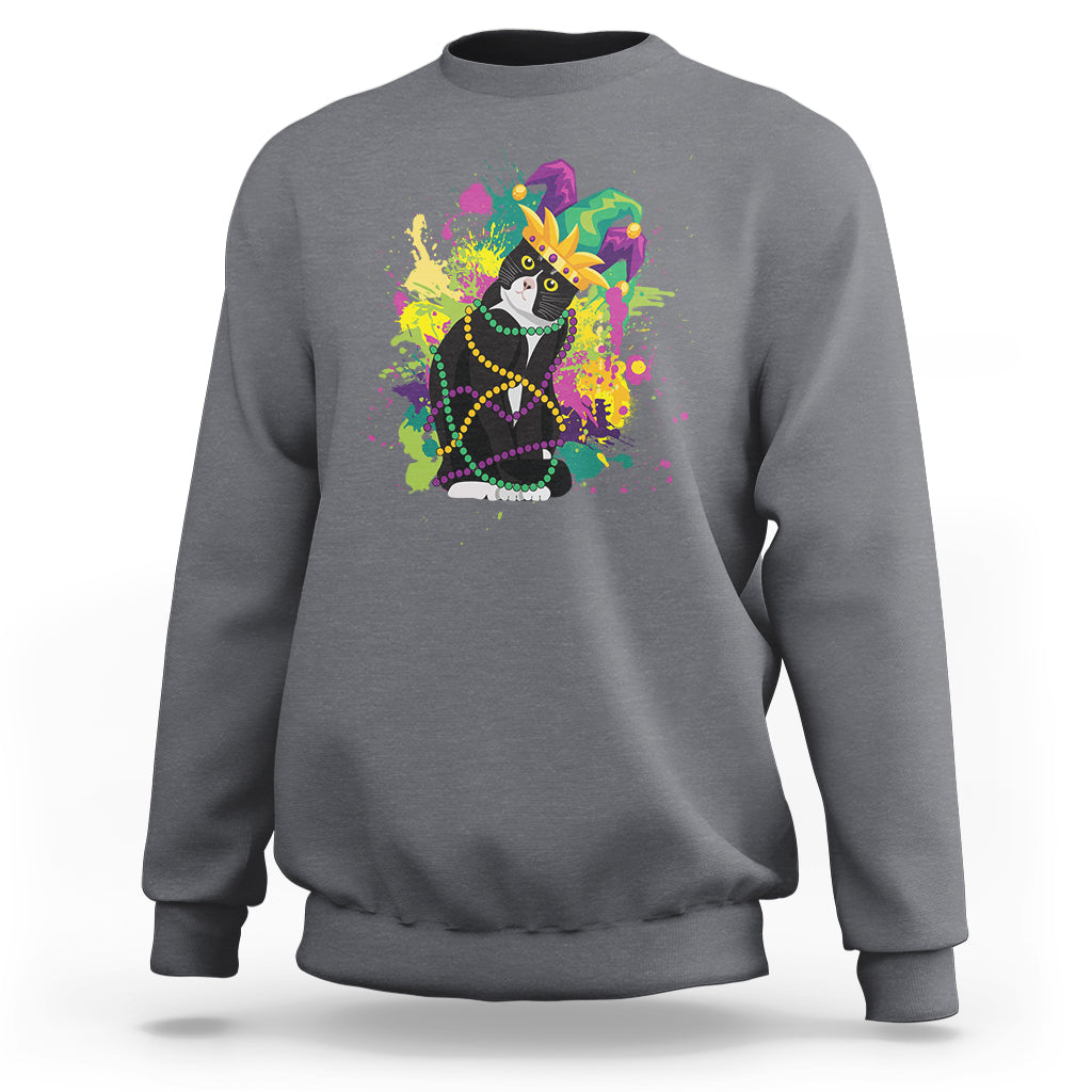 Mardi Gras Funny Tuxedo Cat Meme Beads Sweatshirt - Wonder Print Shop