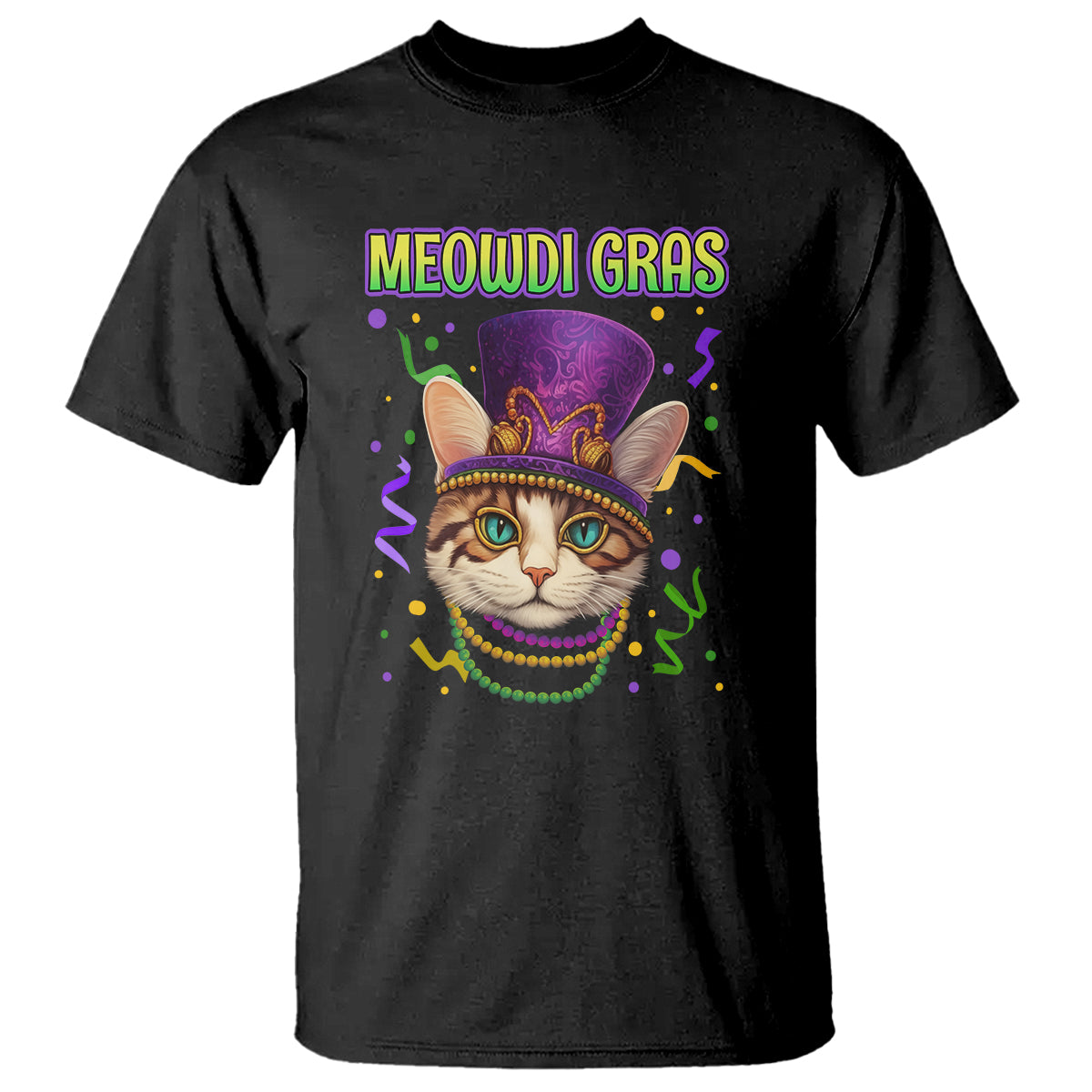 Meowdi Gras Cool Cat Jester Bead Fat Tuesday T Shirt - Wonder Print Shop