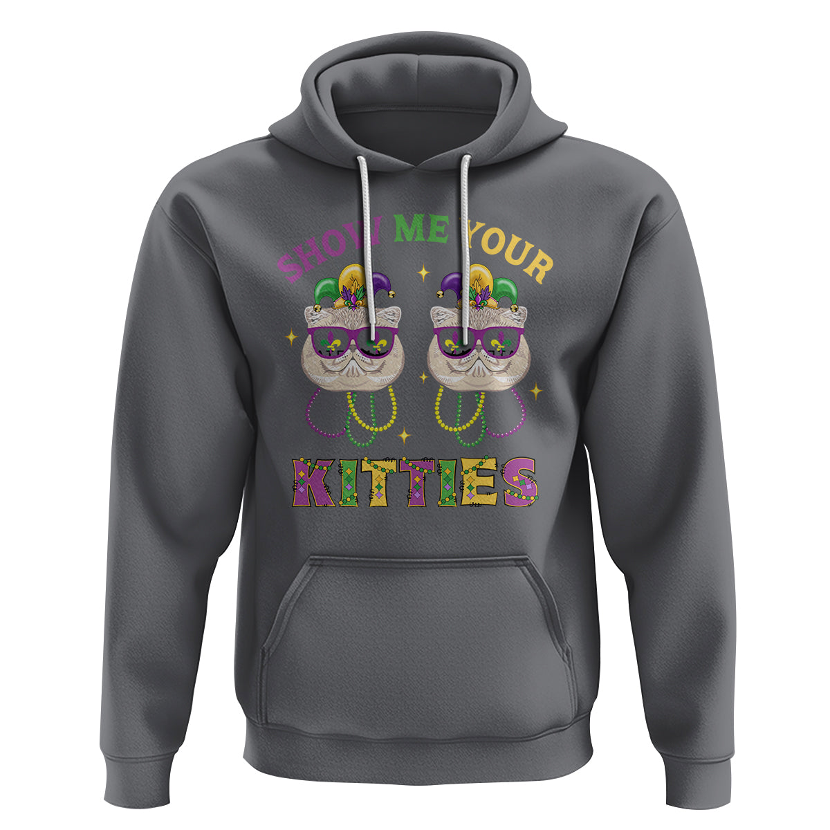 Mardi Gras Hoodie Show Me Your Kitties Cute Cat Masked Jester Hat Bead - Wonder Print Shop