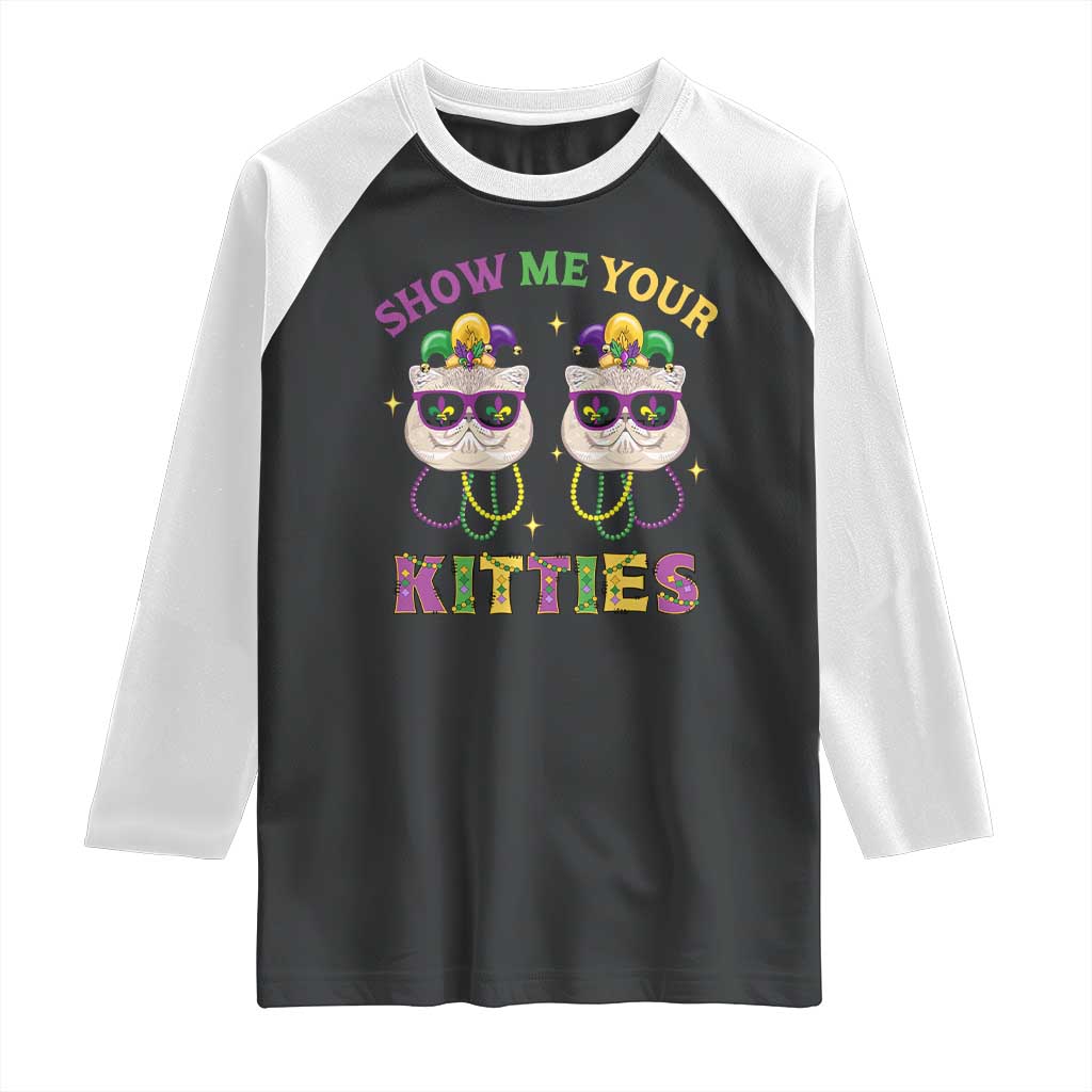 Mardi Gras Raglan Shirt Show Me Your Kitties Cute Cat Masked Jester Hat Bead