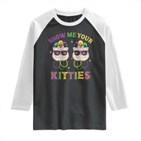 Mardi Gras Raglan Shirt Show Me Your Kitties Cute Cat Masked Jester Hat Bead