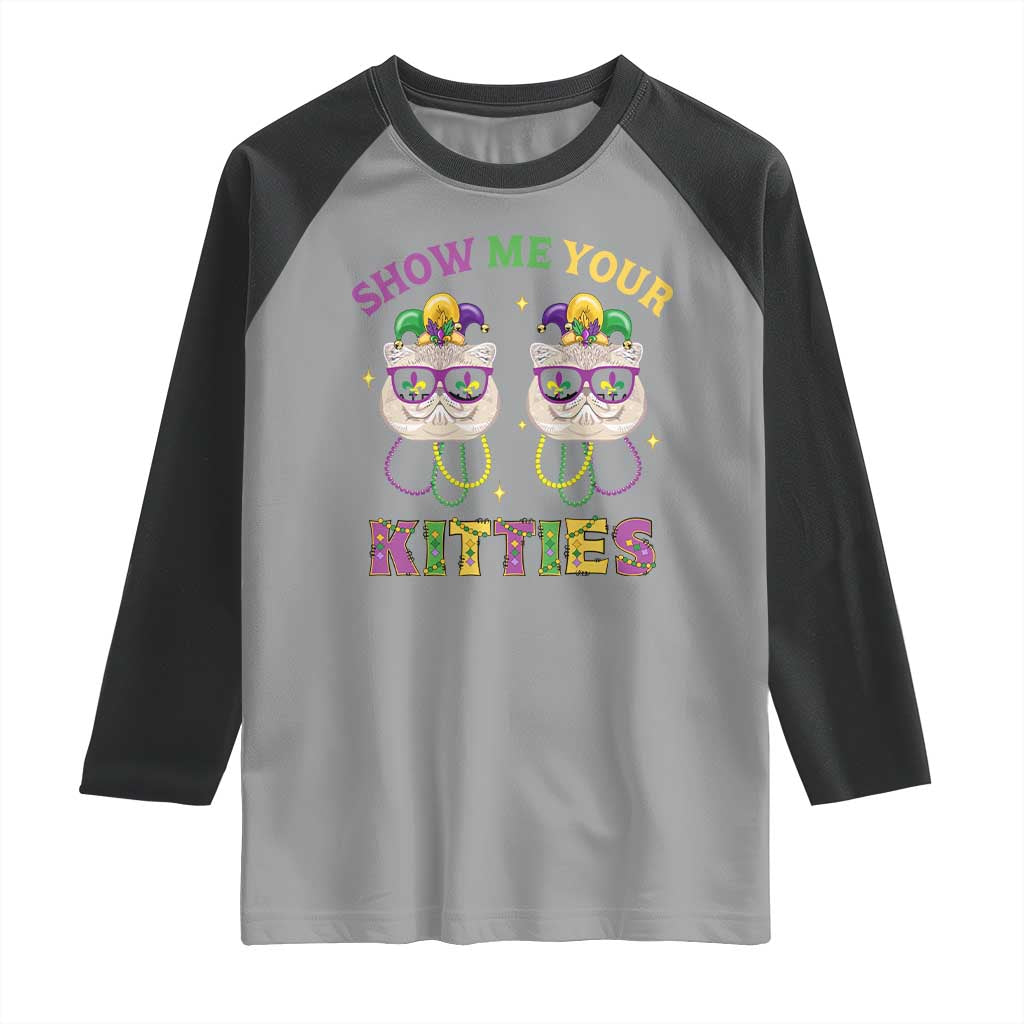 Mardi Gras Raglan Shirt Show Me Your Kitties Cute Cat Masked Jester Hat Bead