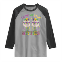 Mardi Gras Raglan Shirt Show Me Your Kitties Cute Cat Masked Jester Hat Bead