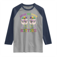 Mardi Gras Raglan Shirt Show Me Your Kitties Cute Cat Masked Jester Hat Bead