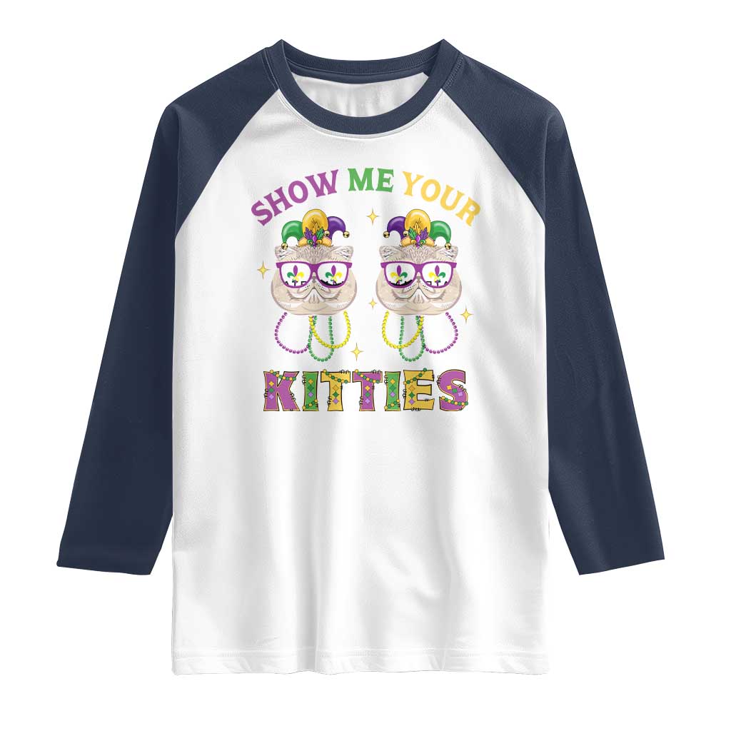 Mardi Gras Raglan Shirt Show Me Your Kitties Cute Cat Masked Jester Hat Bead
