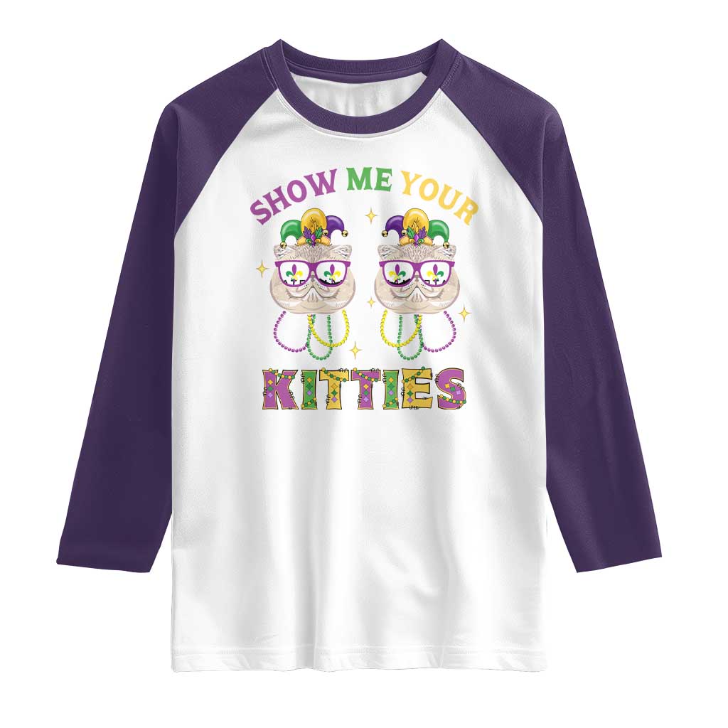 Mardi Gras Raglan Shirt Show Me Your Kitties Cute Cat Masked Jester Hat Bead