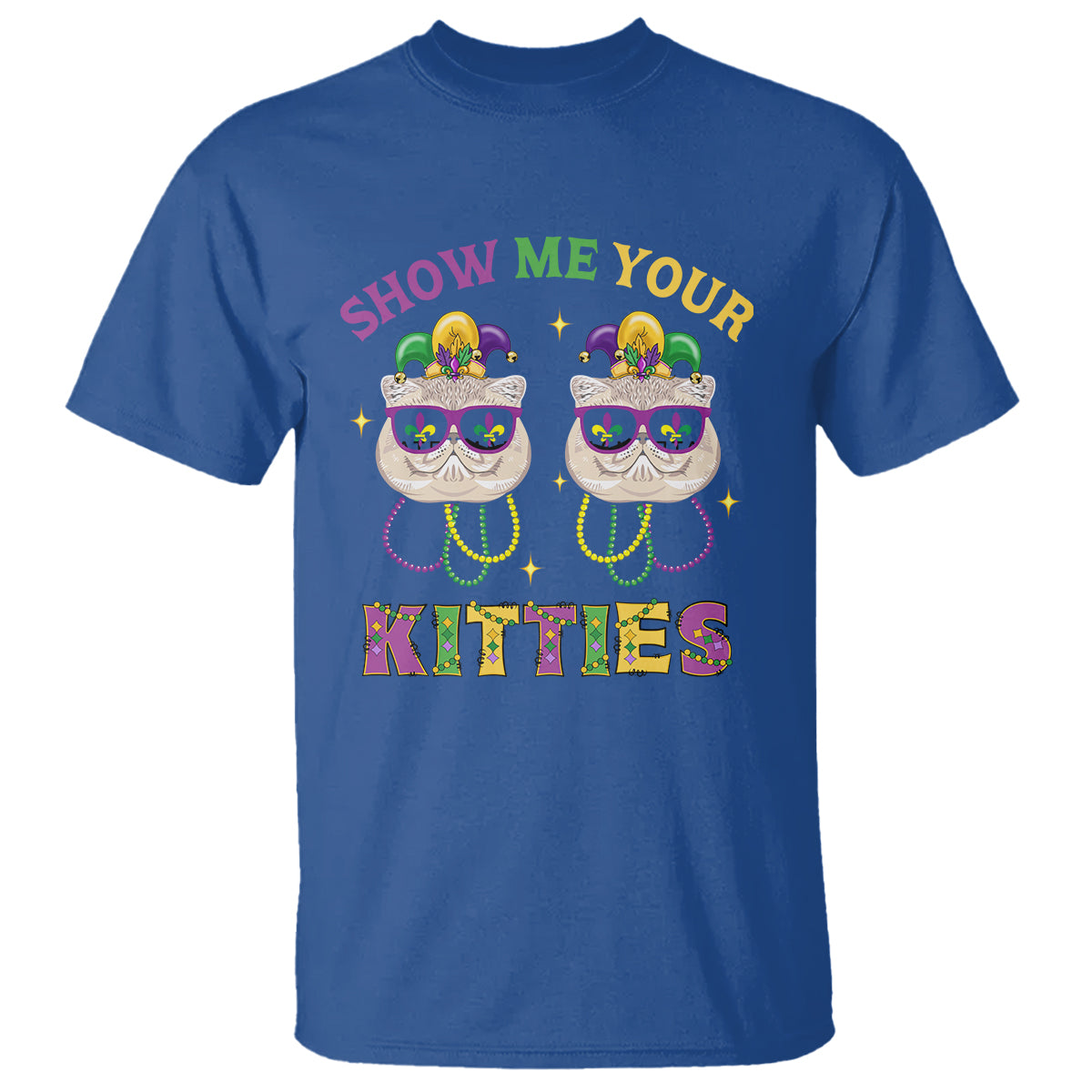 Mardi Gras T Shirt Show Me Your Kitties Cute Cat Masked Jester Hat Bead - Wonder Print Shop