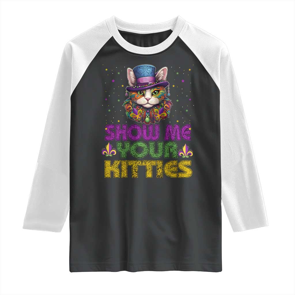 Mardi Gras Raglan Shirt Show Me Your Kitties Cool Cat Jester Hat Bead