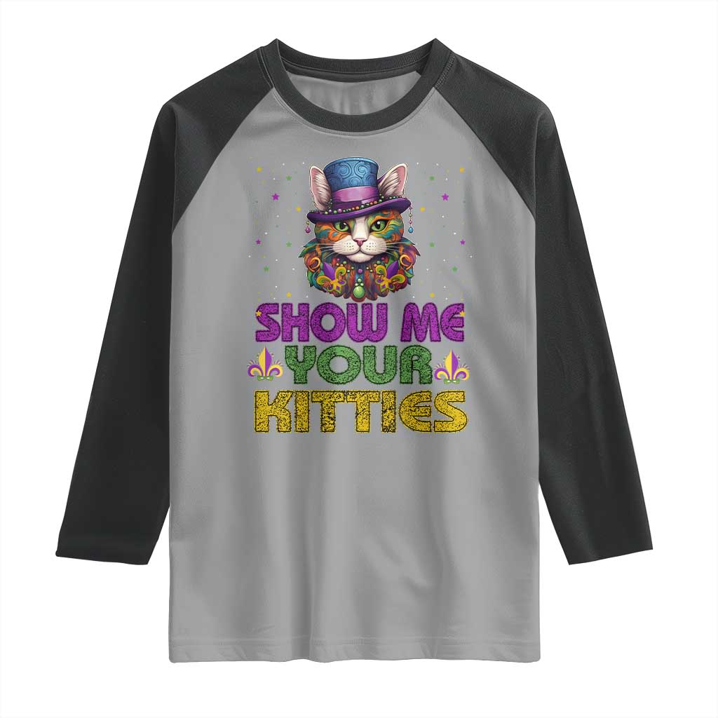 Mardi Gras Raglan Shirt Show Me Your Kitties Cool Cat Jester Hat Bead