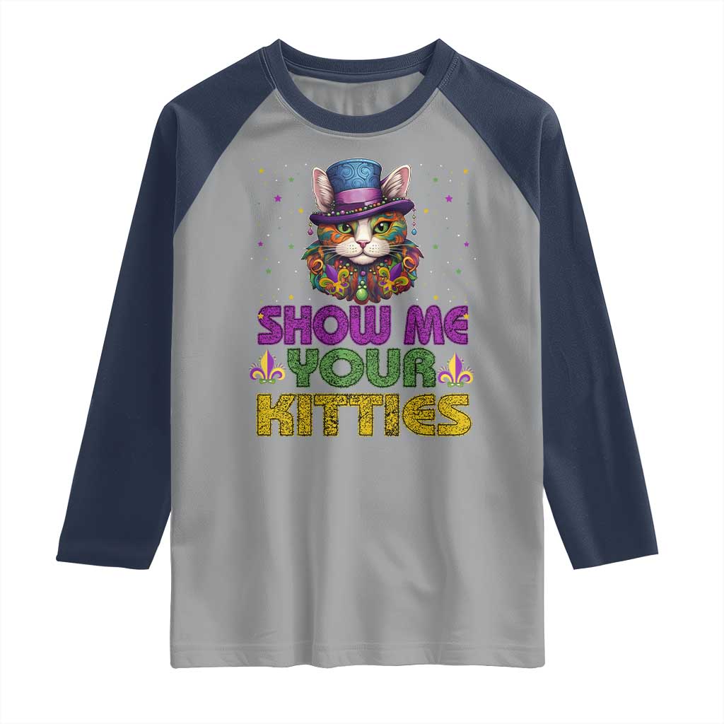 Mardi Gras Raglan Shirt Show Me Your Kitties Cool Cat Jester Hat Bead