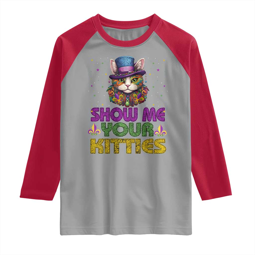 Mardi Gras Raglan Shirt Show Me Your Kitties Cool Cat Jester Hat Bead