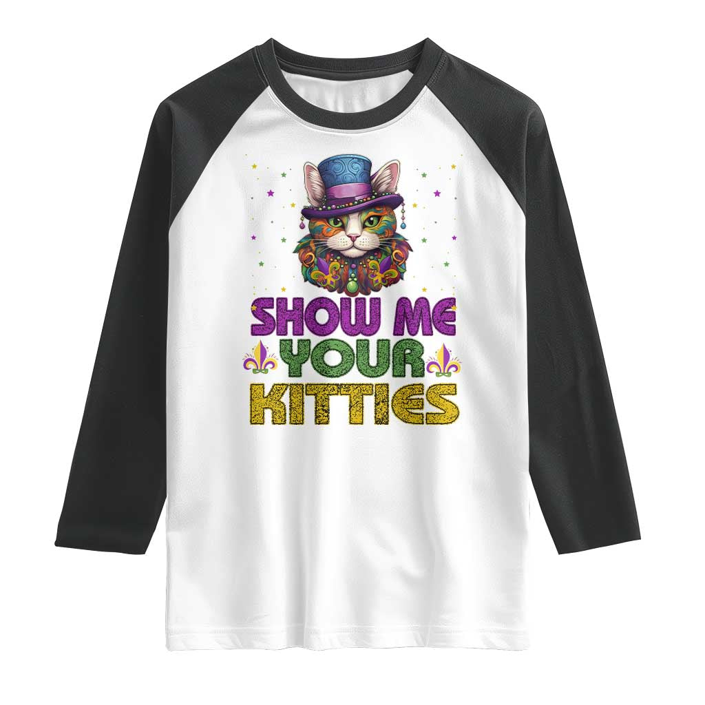 Mardi Gras Raglan Shirt Show Me Your Kitties Cool Cat Jester Hat Bead