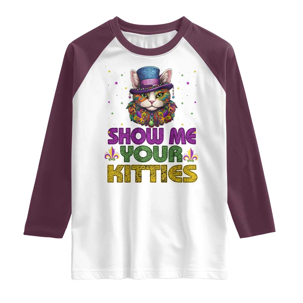 Mardi Gras Raglan Shirt Show Me Your Kitties Cool Cat Jester Hat Bead