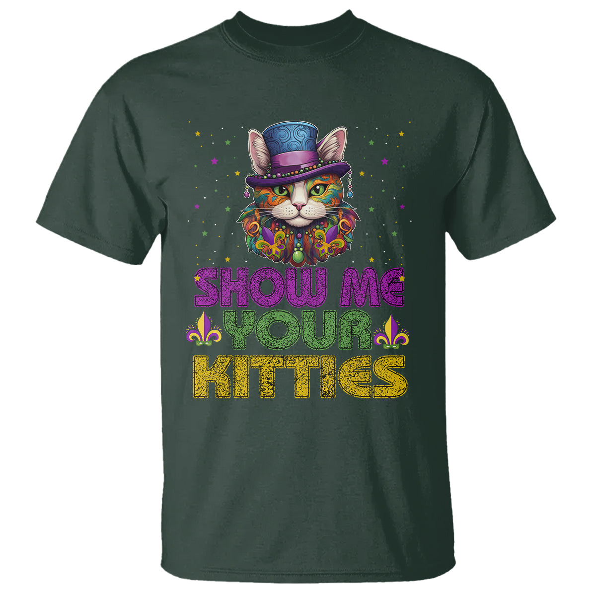 Mardi Gras T Shirt Show Me Your Kitties Cool Cat Jester Hat Bead - Wonder Print Shop