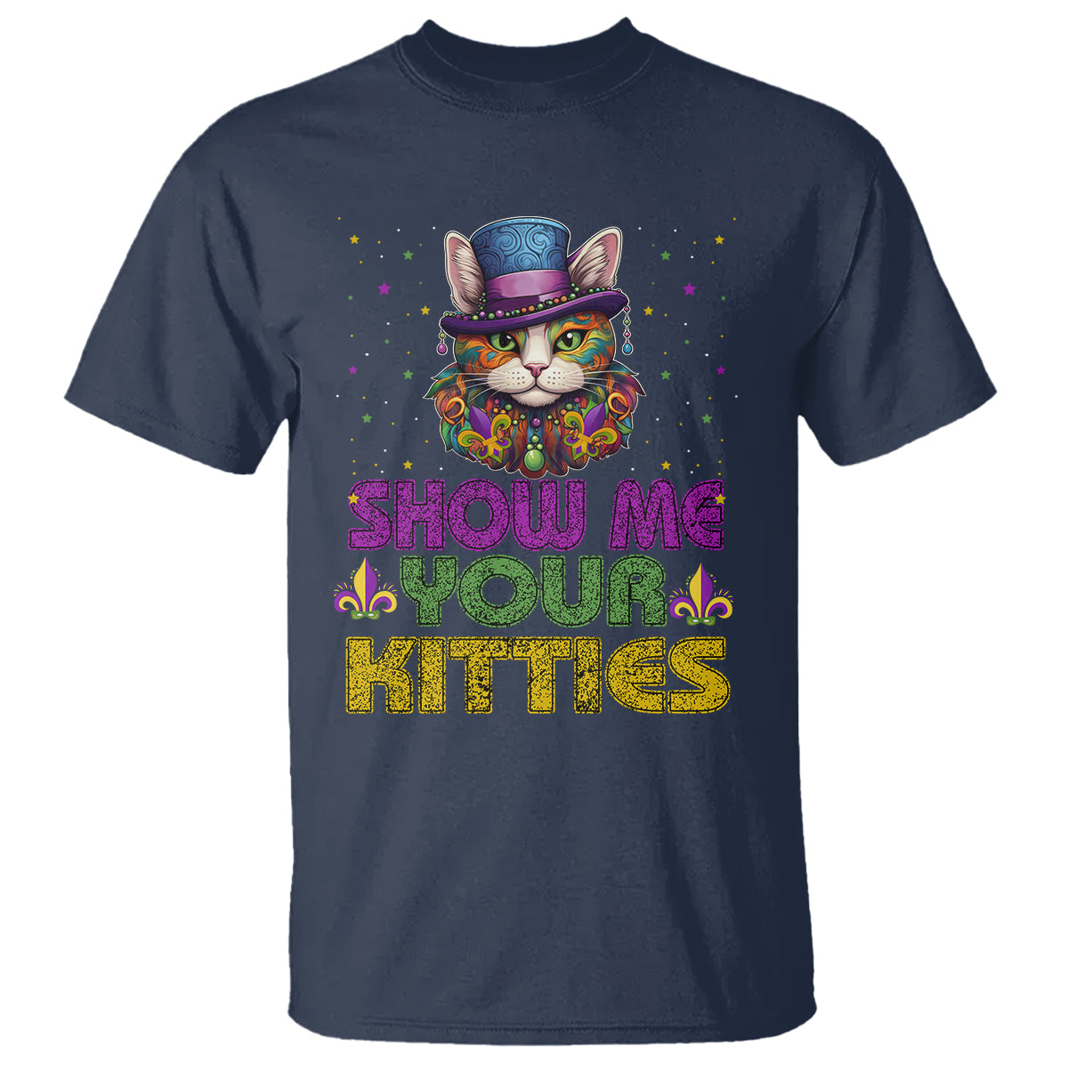 Mardi Gras T Shirt Show Me Your Kitties Cool Cat Jester Hat Bead - Wonder Print Shop