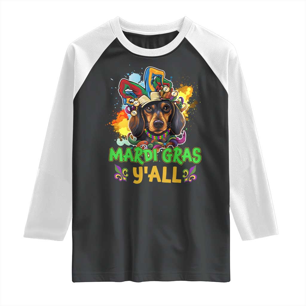 Mardi Gras Y'all Dachshund Dog With Beads Colorful Raglan Shirt