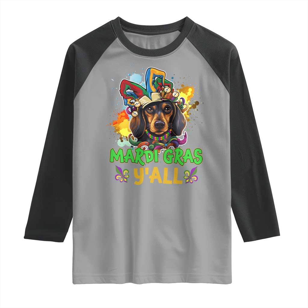 Mardi Gras Y'all Dachshund Dog With Beads Colorful Raglan Shirt