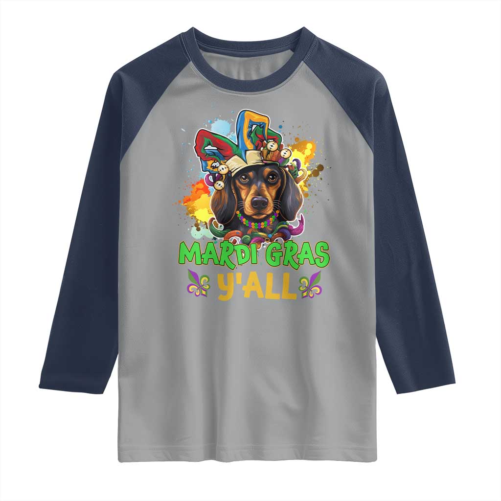 Mardi Gras Y'all Dachshund Dog With Beads Colorful Raglan Shirt