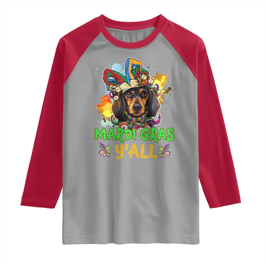 Mardi Gras Y'all Dachshund Dog With Beads Colorful Raglan Shirt